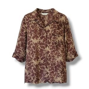 Ryh Shin Brown Floral Button-Down Blouse – Medium, Vintage Style, Pre-Owned